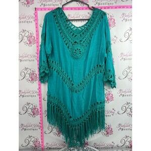 Dress coverup tassle crochet boho green blue Turquoise Crochet Fringe Boho Tunic